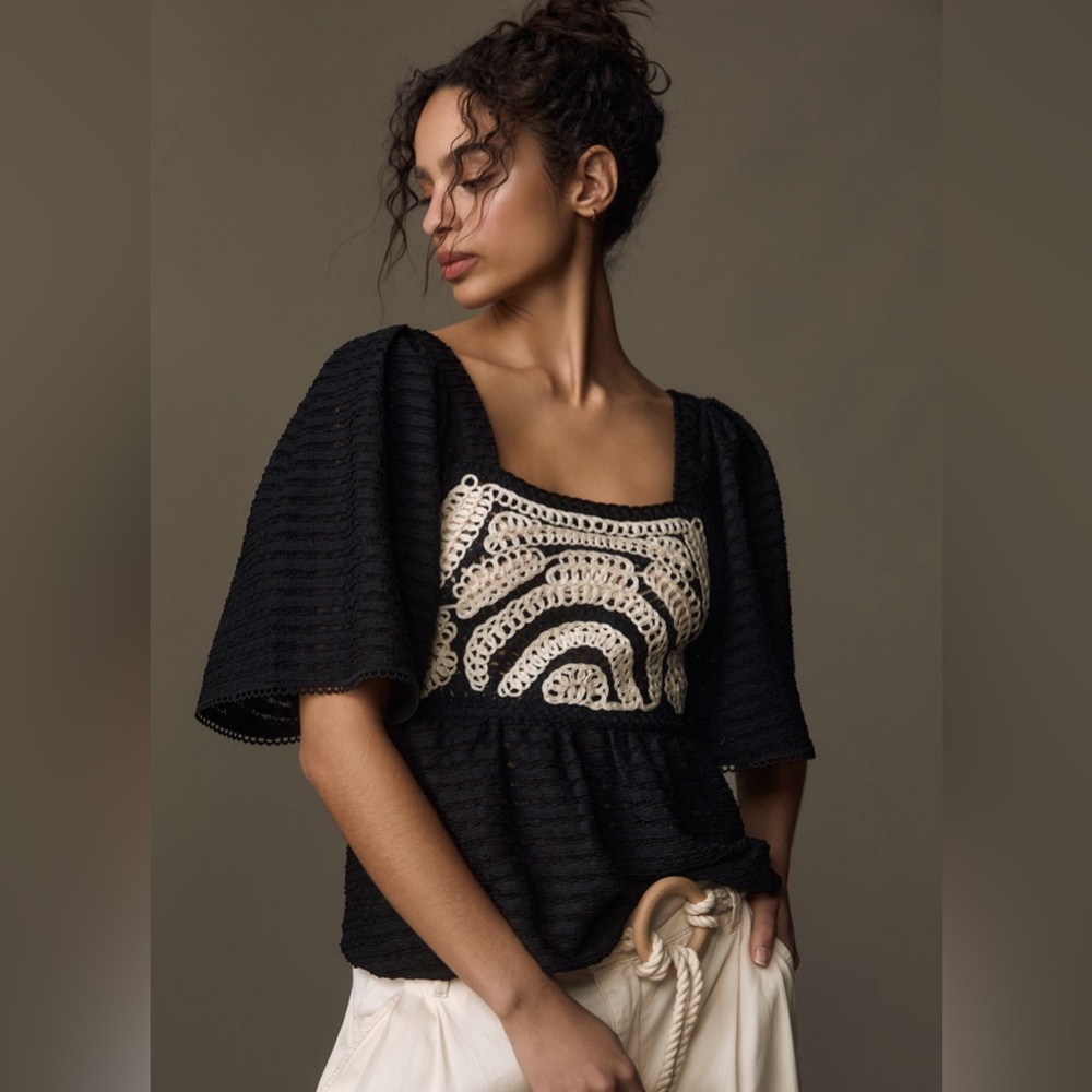 Anthropologie Sarah Hann Flutter-Sleeve Crochet Top NWT